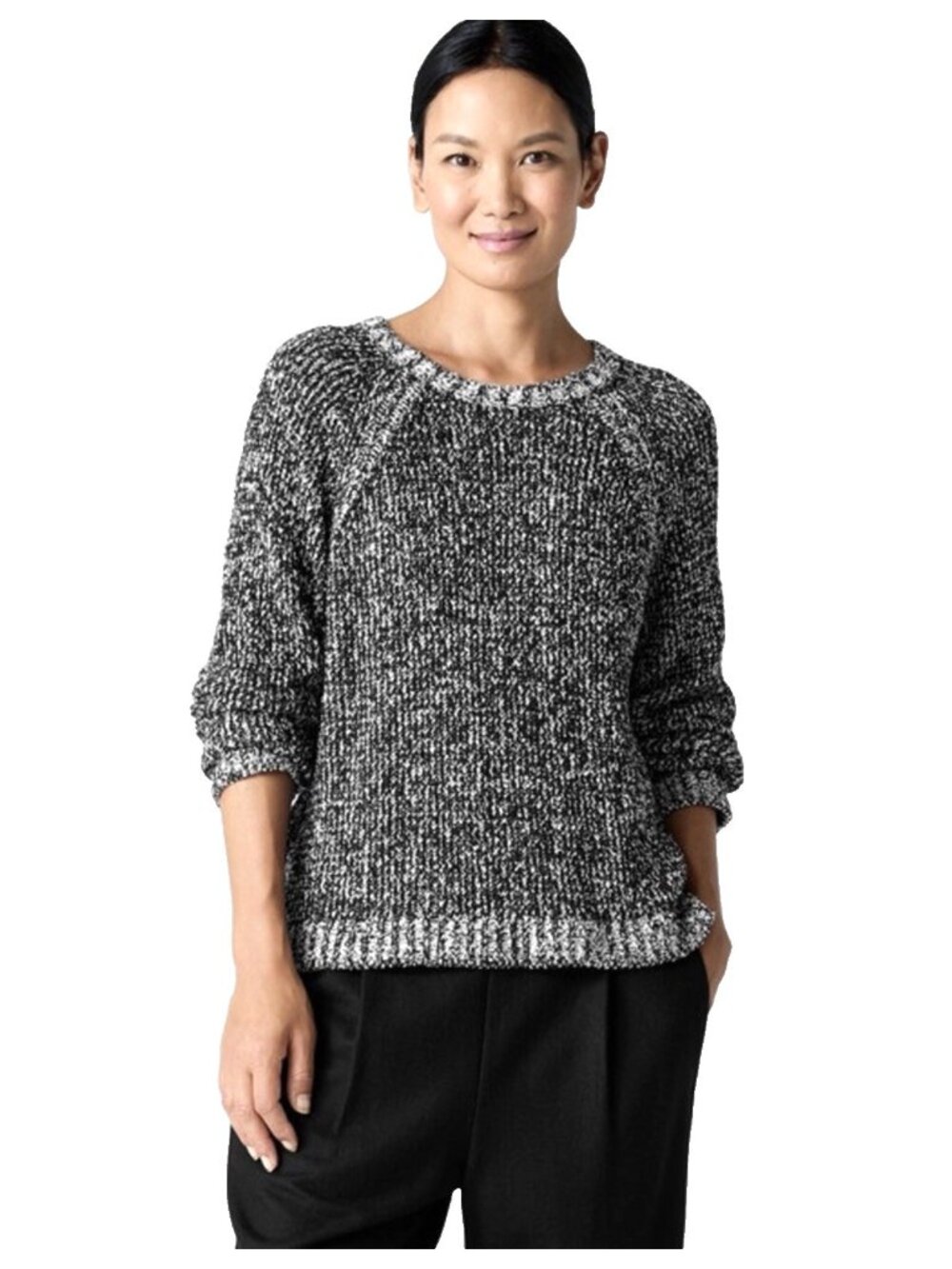 Eileen Fisher XL Organic Cotton Boucle Crewneck Sweater Black White Minimalist